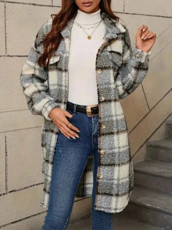 Checked Teddy Trench Coat - Cosy Hip-Length - Saffron - Bellux