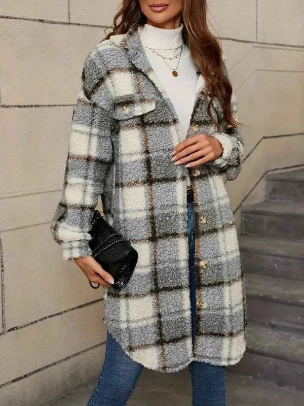 Checked Teddy Trench Coat - Cosy Hip-Length - Saffron - Degree - Bellux