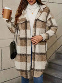 Checked Teddy Trench Coat - Cosy Hip-Length - Saffron - Khaki - Bellux