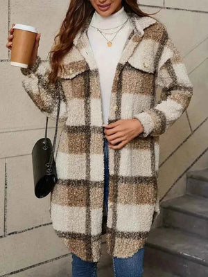 Checked Teddy Trench Coat - Cosy Hip-Length - Saffron - Khaki - Bellux