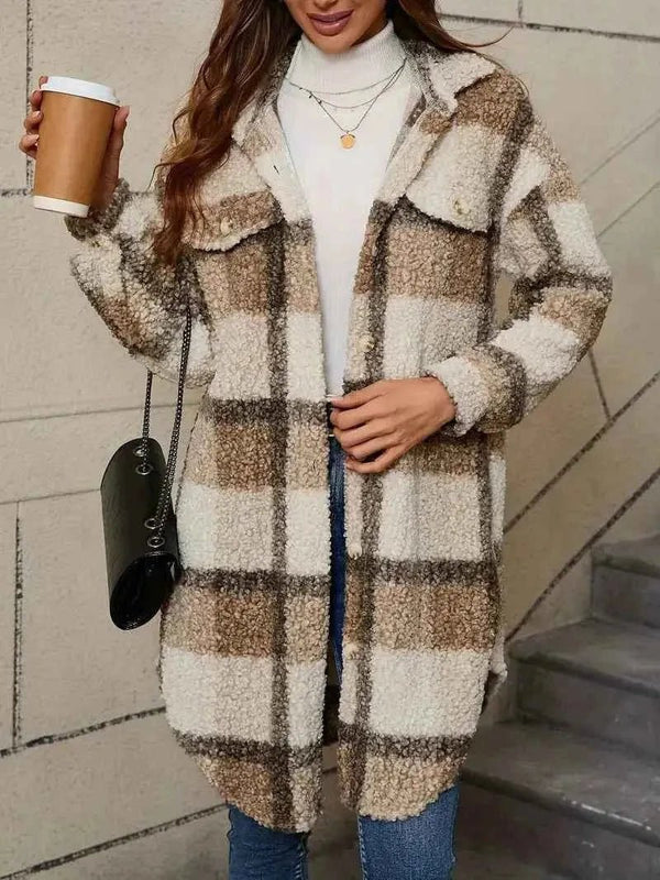 Checked Teddy Trench Coat - Cosy Hip-Length - Saffron - Khaki - Bellux