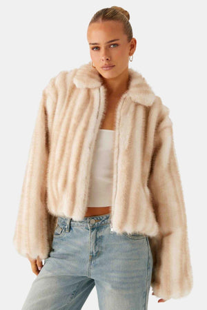Collared Faux Fur Zip Jacket - Cosy Lined - Noemi - Bellux