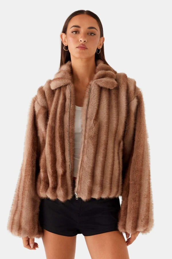 Collared Faux Fur Zip Jacket - Cosy Lined - Noemi - Bellux