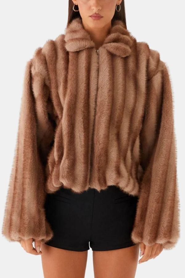 Collared Faux Fur Zip Jacket - Cosy Lined - Noemi - Brown - Bellux