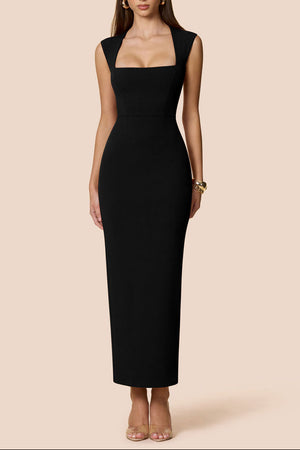 Column Maxi Dress Figure-Hugging Square Neck – Henrietta - Black - Bellux