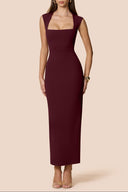 Column Maxi Dress Figure-Hugging Square Neck – Henrietta - Wine - Bellux
