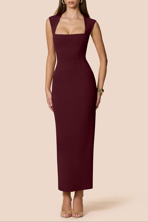 Column Maxi Dress Figure-Hugging Square Neck – Henrietta - Wine - Bellux