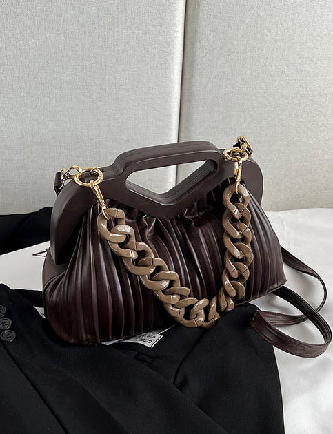 Convertible Crossbody Clutch Chain-Trim Vegan Leather - Brown - Bellux