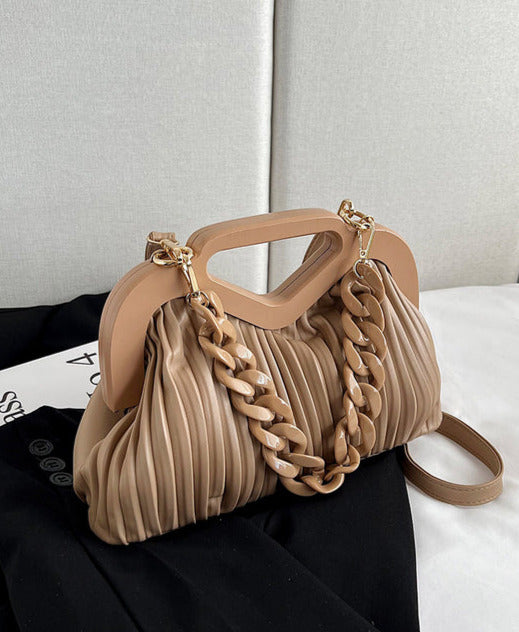 Convertible Crossbody Clutch Chain-Trim Vegan Leather - Khaki - Bellux