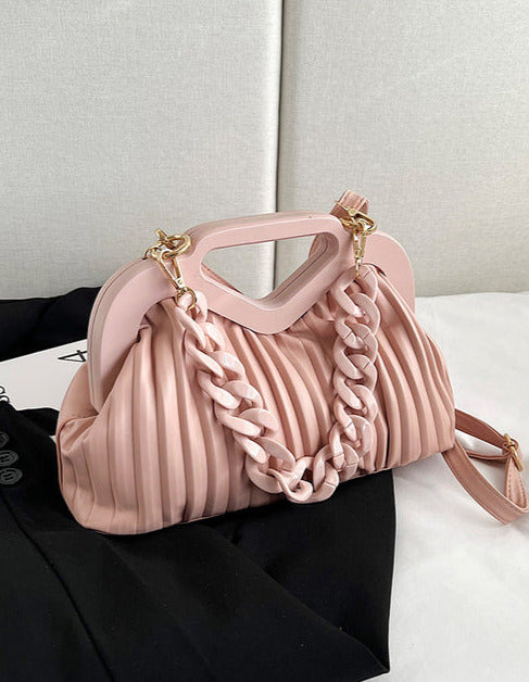 Convertible Crossbody Clutch Chain-Trim Vegan Leather - Pink - Bellux