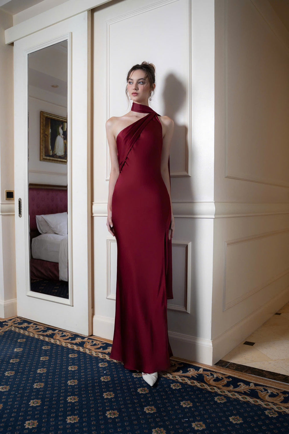 Cowl Neck Gown Draped Satin – Ariadne - Maroon - Bellux