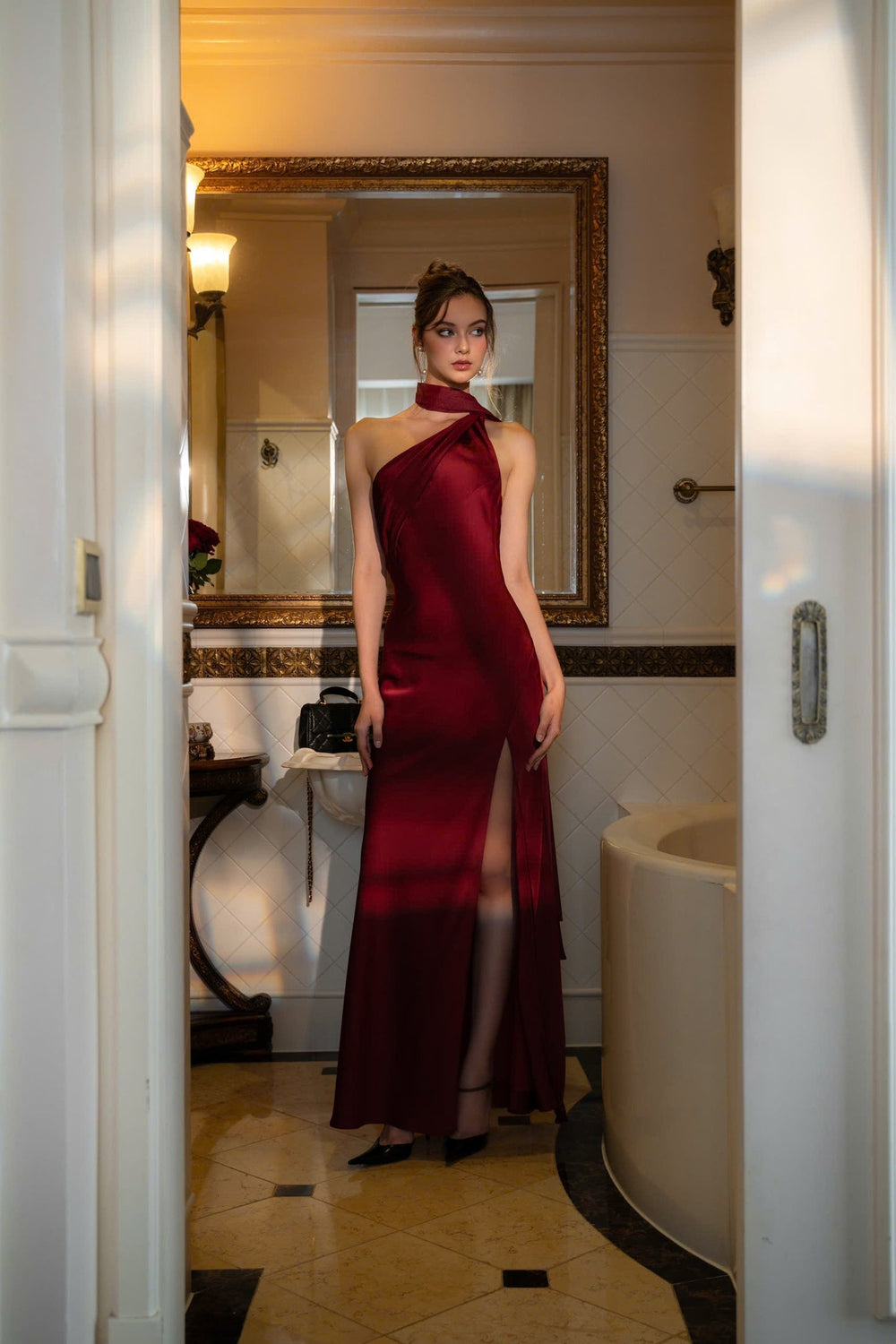 Cowl Neck Gown Draped Satin – Ariadne - Maroon - Bellux