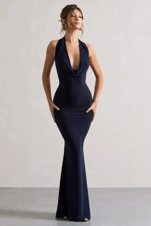 Cowl Neck Halter Gown Sculpting Double-Layered Jersey - Bellux