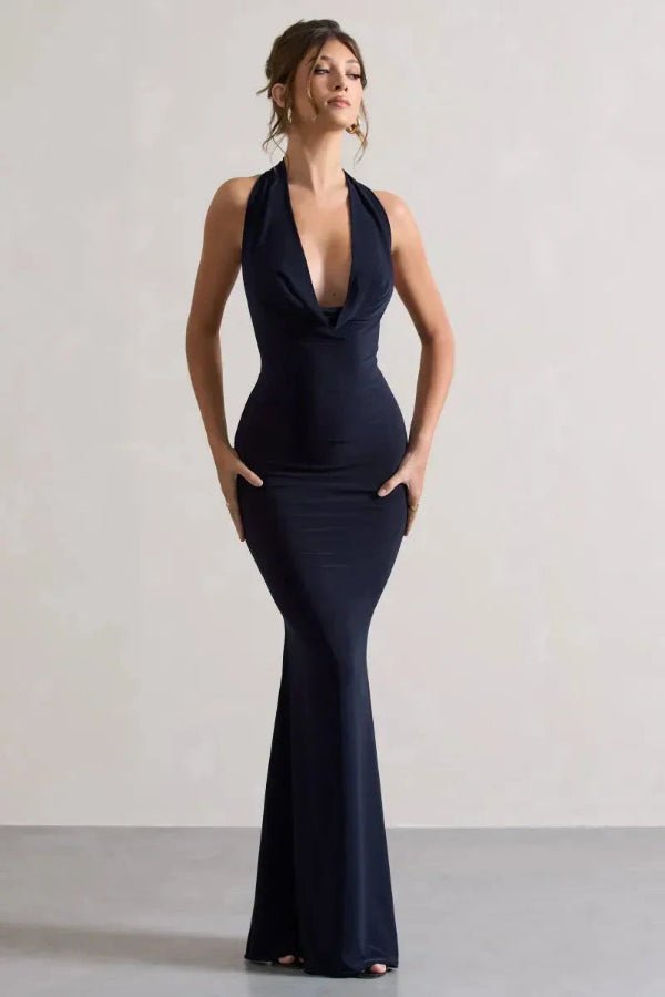 Cowl Neck Halter Gown Sculpting Double-Layered Jersey - Bellux