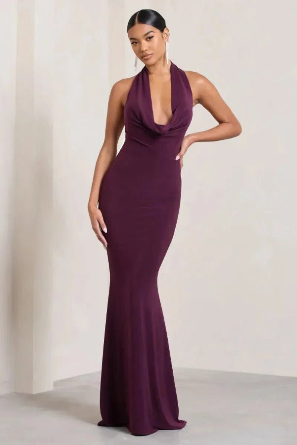 Cowl Neck Halter Gown Sculpting Double-Layered Jersey - Bellux