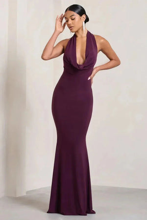 Cowl Neck Halter Gown Sculpting Double-Layered Jersey - Bellux