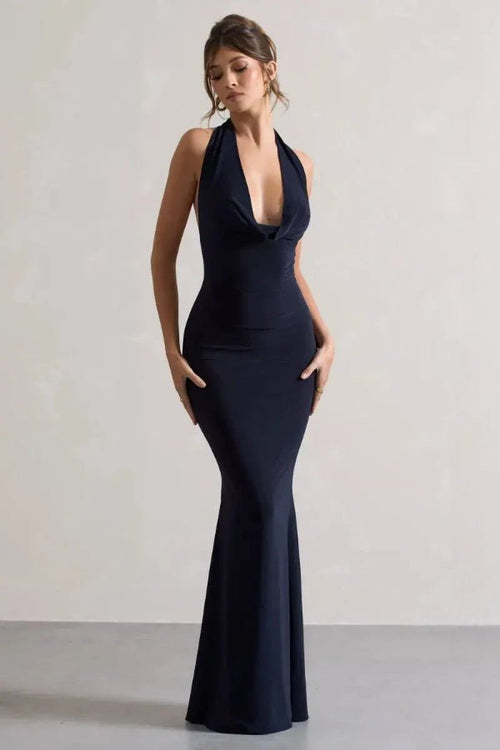 Cowl Neck Halter Gown Sculpting Double-Layered Jersey - L - Bellux