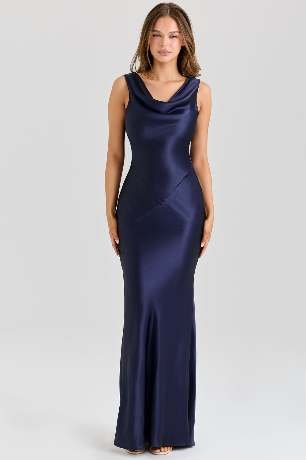 Cowl Neck Satin Maxi Gown – Figure-Hugging Juliette - Bellux