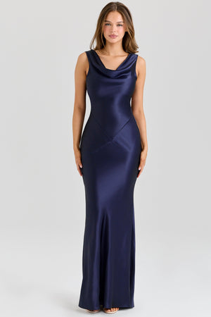 Cowl Neck Satin Maxi Gown – Figure-Hugging Juliette - Bellux
