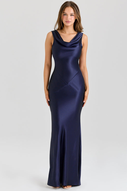 Cowl Neck Satin Maxi Gown – Figure-Hugging Juliette - Bellux
