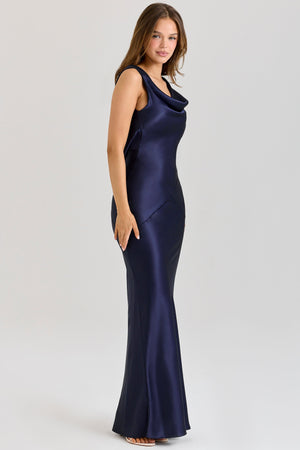 Cowl Neck Satin Maxi Gown – Figure-Hugging Juliette - Bellux