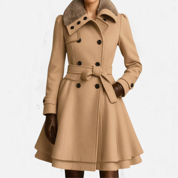 Double-Breasted Belted Longline Wool-Blend Coat – Althea - Beige - Bellux