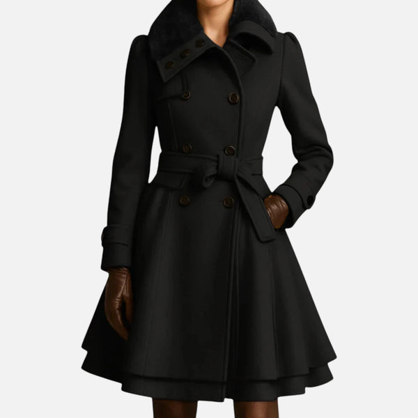Double-Breasted Belted Longline Wool-Blend Coat – Althea - Black - Bellux