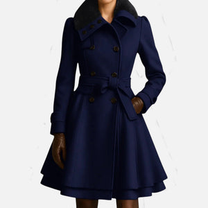 Double-Breasted Belted Longline Wool-Blend Coat – Althea - Navy - Bellux