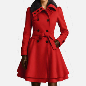 Double-Breasted Belted Longline Wool-Blend Coat – Althea - Red - Bellux