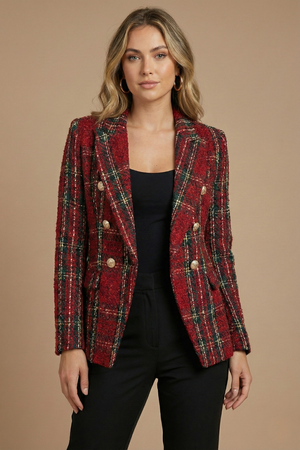 Double-Breasted Blazer Tailored Tweed – Adele - Red - Bellux