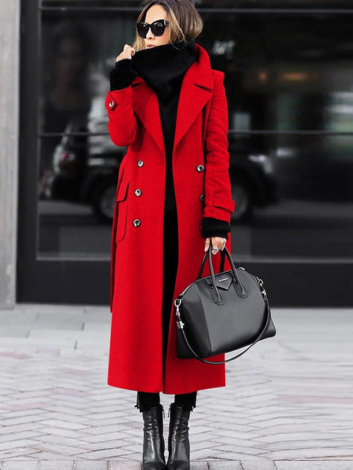 Double-Breasted Longline Coat Tailored Fit Wool – Larkspur - Red - Bellux