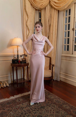 Draped Cowl Neck Maxi Dress Tie-Back Satin – Marcelline - Bellux