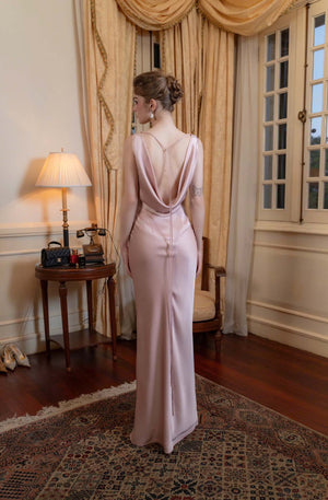 Draped Cowl Neck Maxi Dress Tie-Back Satin – Marcelline - Bellux