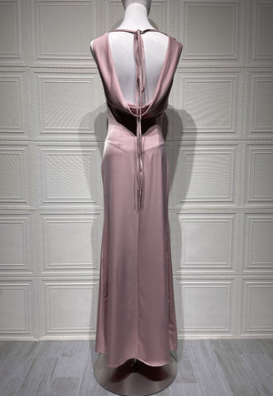 Draped Cowl Neck Maxi Dress Tie-Back Satin – Marcelline - Bellux