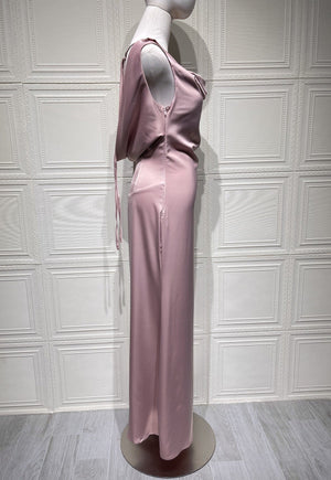 Draped Cowl Neck Maxi Dress Tie-Back Satin – Marcelline - Bellux