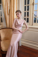 Draped Cowl Neck Maxi Dress Tie-Back Satin – Marcelline - Pink - Bellux