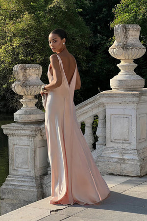 Draped Maxi Dress Deep V Back Satin – Marisol - Bellux