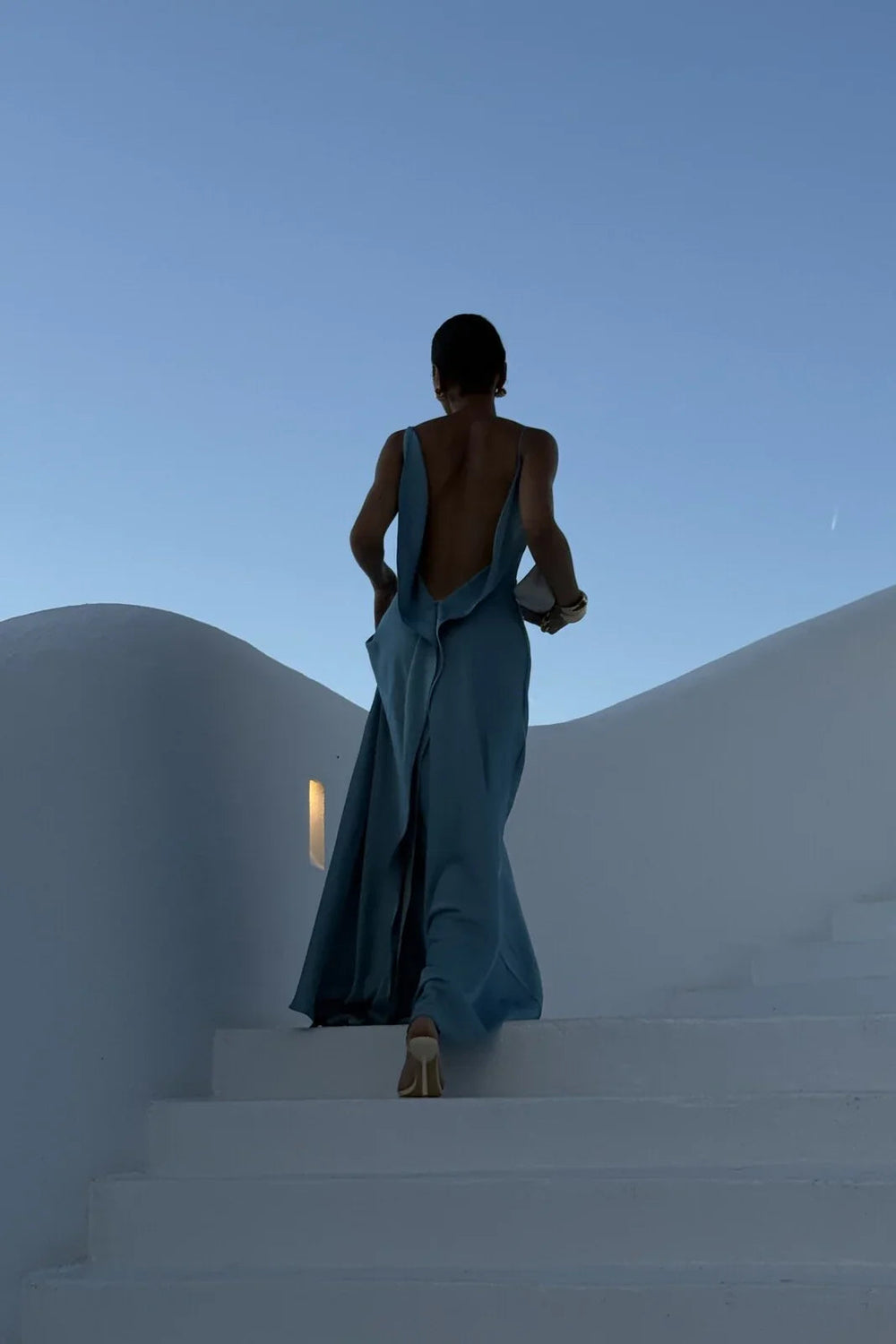 Draped Maxi Dress Deep V Back Satin – Marisol - Blue - Bellux