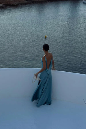 Draped Maxi Dress Deep V Back Satin – Marisol - Bellux