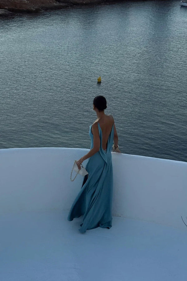 Draped Maxi Dress Deep V Back Satin – Marisol - Bellux