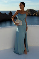 Draped Maxi Dress Deep V Back Satin – Marisol - Blue - Bellux