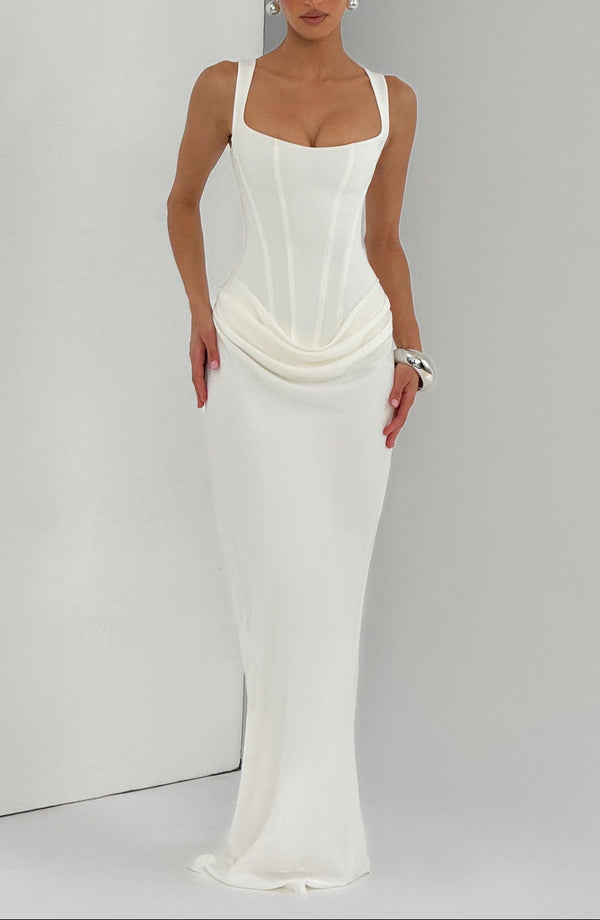 Draped Maxi Gown Figure-Flattering Satin – Lenore - Bellux