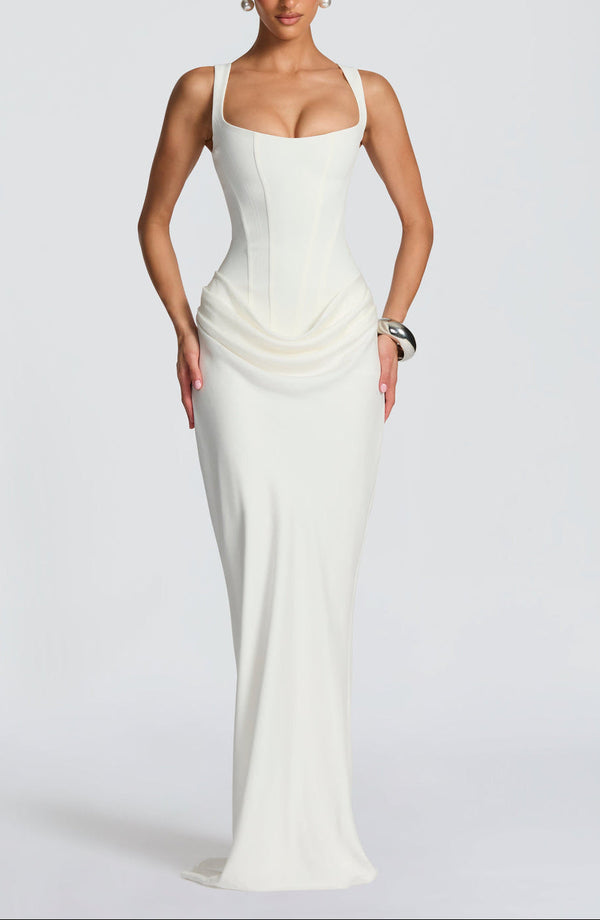 Draped Maxi Gown Figure-Flattering Satin – Lenore - Bellux