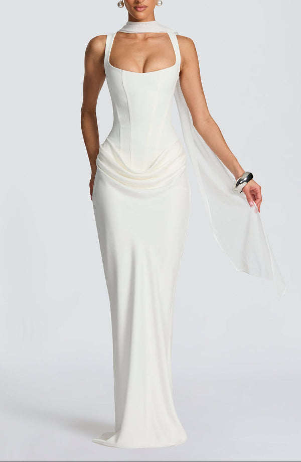 Draped Maxi Gown Figure-Flattering Satin – Lenore - Bellux
