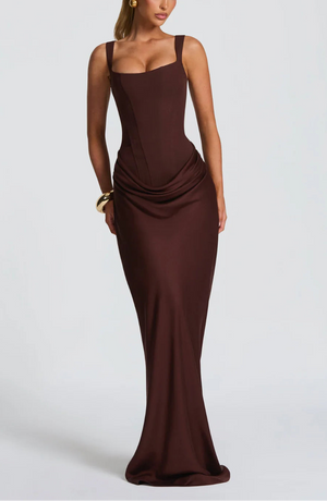 Draped Maxi Gown Figure-Flattering Satin – Lenore - Brown - Bellux