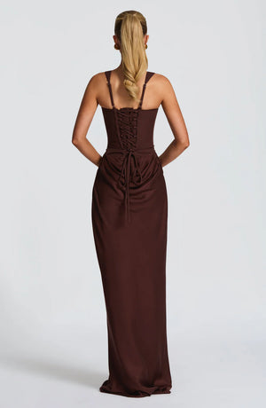 Draped Maxi Gown Figure-Flattering Satin – Lenore - Brown - Bellux