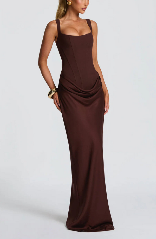 Draped Maxi Gown Figure-Flattering Satin – Lenore - Brown - Bellux