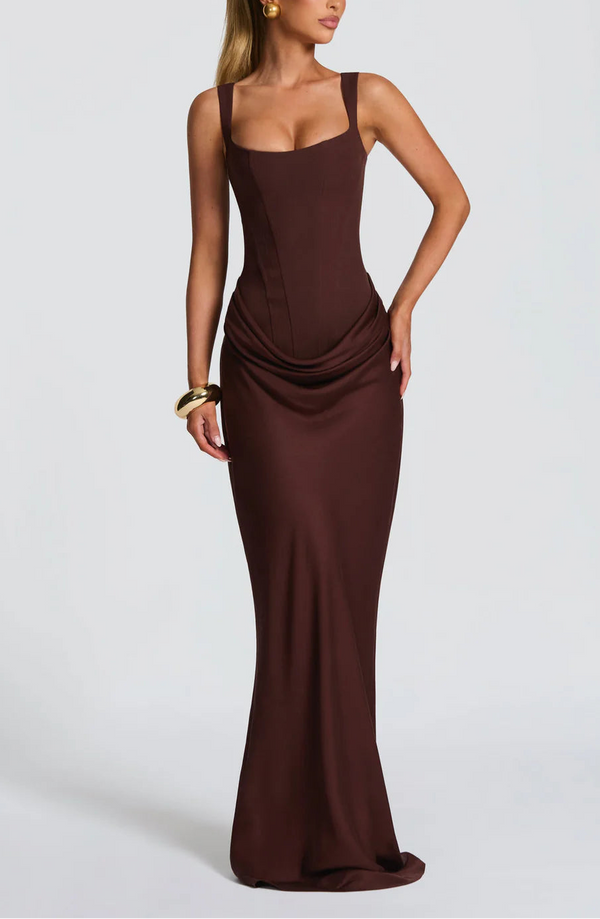 Draped Maxi Gown Figure-Flattering Satin – Lenore - Brown - Bellux