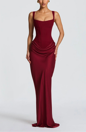 Draped Maxi Gown Figure-Flattering Satin – Lenore - Burgundy - Bellux