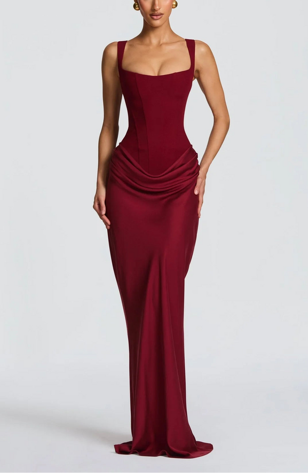 Draped Maxi Gown Figure-Flattering Satin – Lenore - Burgundy - Bellux